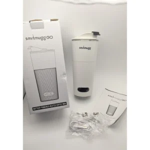 SmrtMugg Go v2 Battery Powered Heated Coffee Travel Mug 13.5oz White LED Display